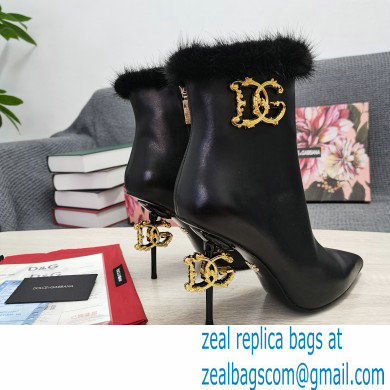 Dolce  &  Gabbana Mink Fur Thin Heel 10.5cm Leather Ankle Boots Black with Baroque DG Heel 2021